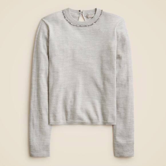 J.Crew Carolyn Embellished Fitted Crewneck Sweater Merino Wool Gray Small NWT - Picture 1 of 11